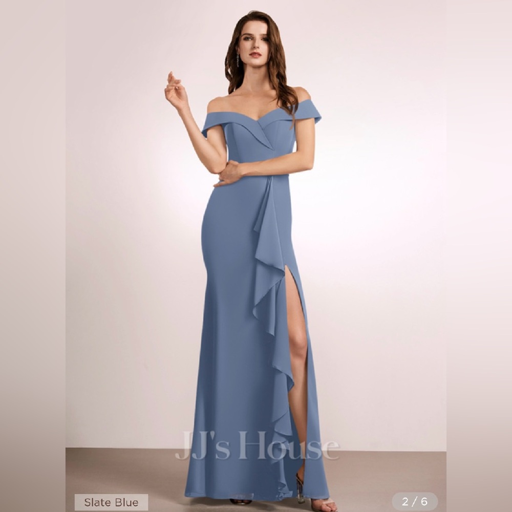 JJ’s House Off the Shoulder Chiffon Bridesmaid Dress With Ruffle in Slate Blue